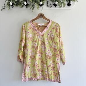 Gretchen Scott Green Pink Floral Cotton Tunic Small 12-3007